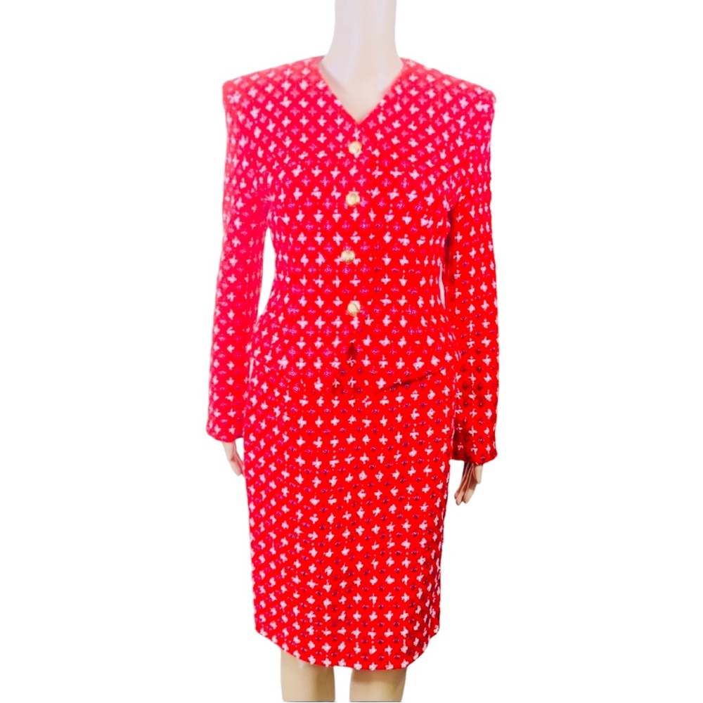 Doncaster multicolored red, white, black & silver metallic thread skirt suit szM - Picture 15 of 15